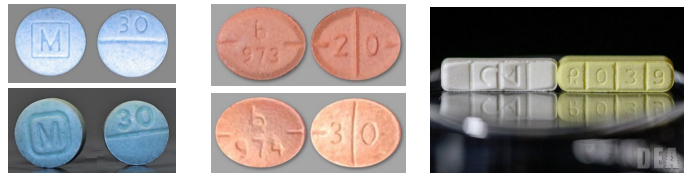 Top left: Light blue pill with "M" stamped on one side and "30" stamped on the other are authentic Oxycodone M30 tablets. Bottom left: Slightly brighter blue pill with "M" stamped in the front and "30" stamped on the back are counterfeit oxycodone M30 tables containing fentanyl. Top center: Orange pill with “6/973” stamped on one side and “20” stamped on the other are authentic Adderall tablets. Orange pill with “8/974” stamped on one side and “30” stamped on the other are counterfeit Adderall tablets containing methamphetamine. Right: Authentic white Xanax tablets vs. counterfeit yellow Xanax tablets.